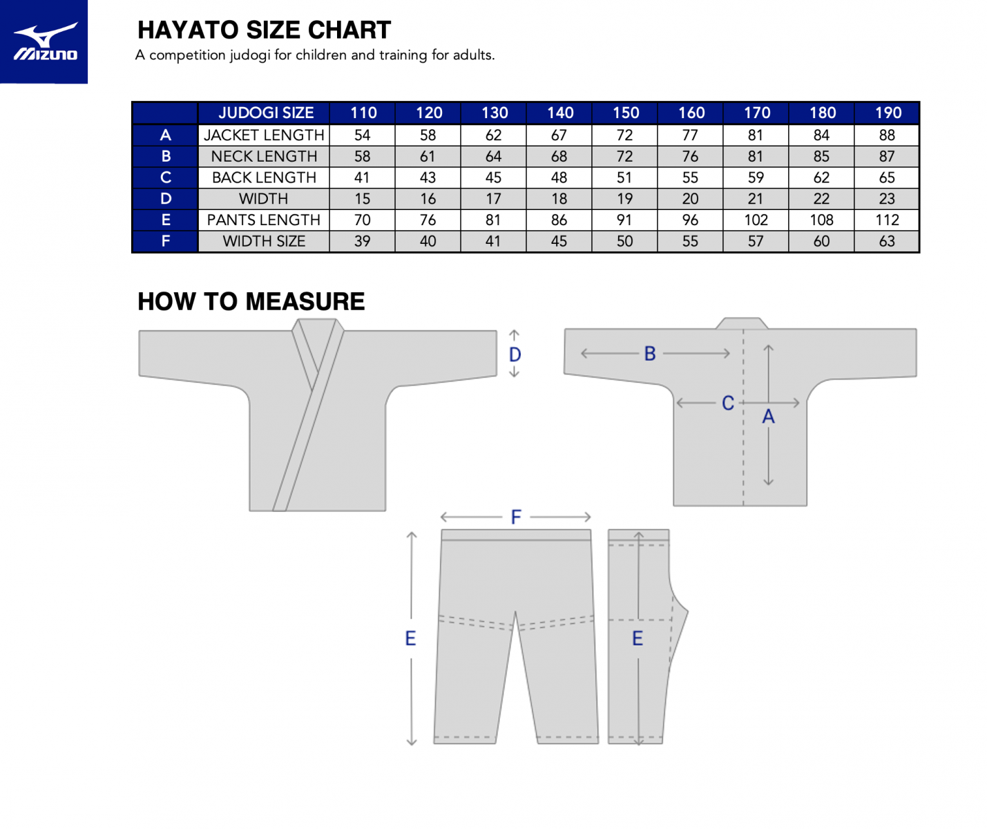 Mizuno clothing on sale size chart